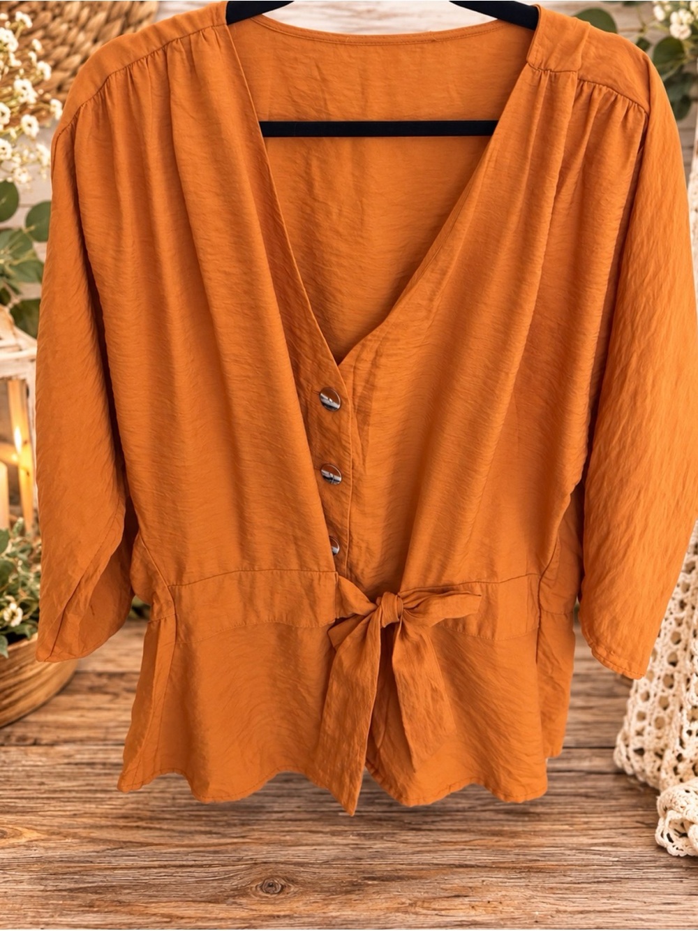 Tie-Front V-Neck Blouse in Rust Orange